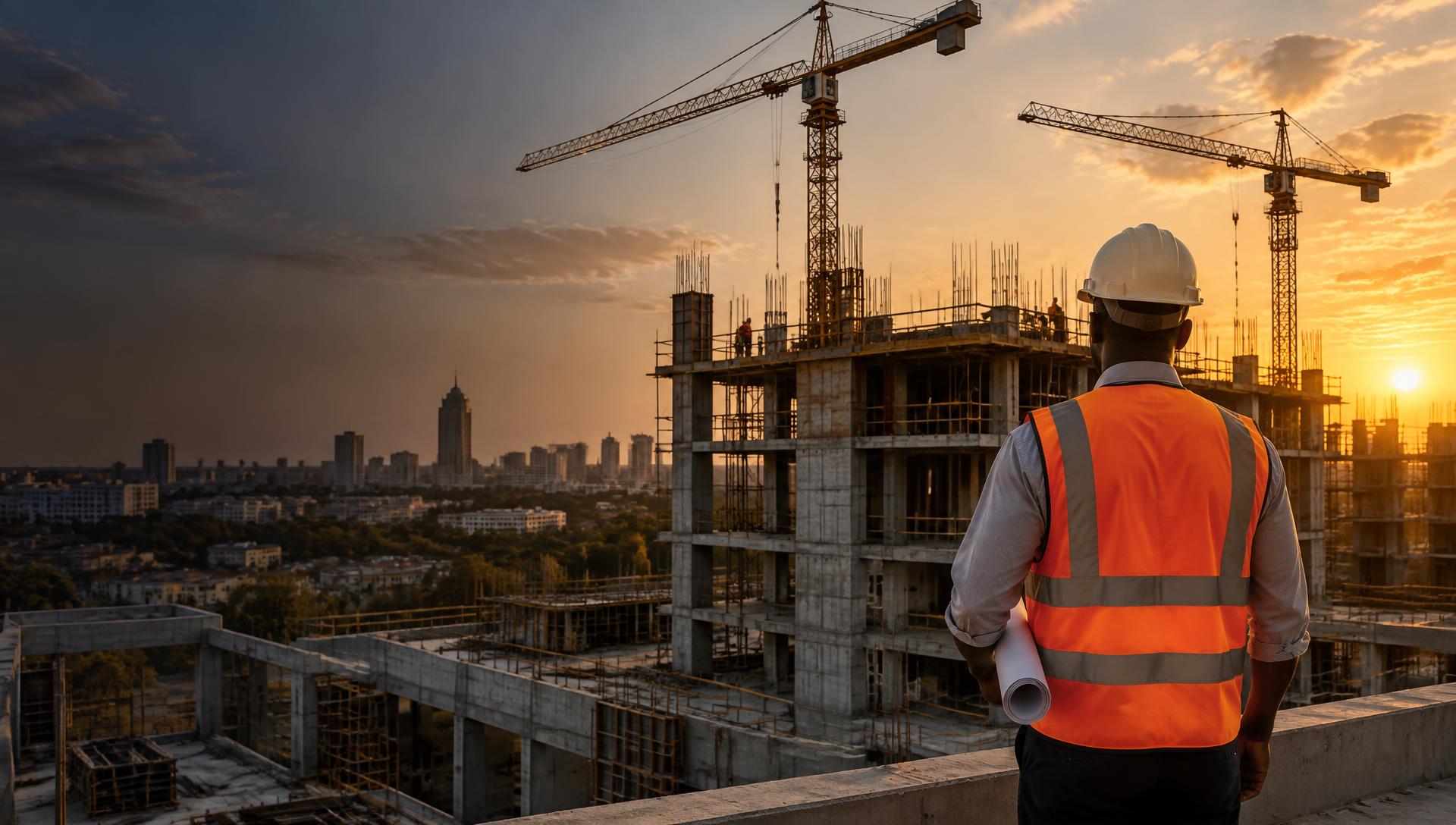 Construction project at sunset overseen by a site engineer